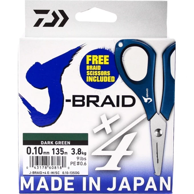 Шнур DAIWA J-Braid X4E-W/SC 0,10мм 135м dark green + ножницы 40002815 Шнур DAIWA J-Braid X4E-W/SC 0,10мм 135м dark green + ножницы 40002815