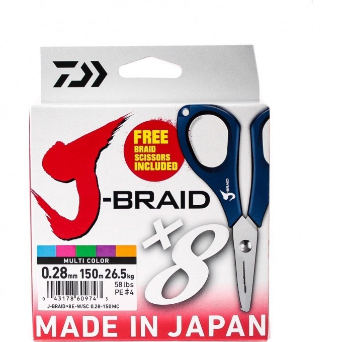 Шнур DAIWA J-Braid X8E-W/SC 0,28мм 150м multicolor + ножницы 40002991 Шнур DAIWA J-Braid X8E-W/SC 0,28мм 150м multicolor + ножницы 40002991
